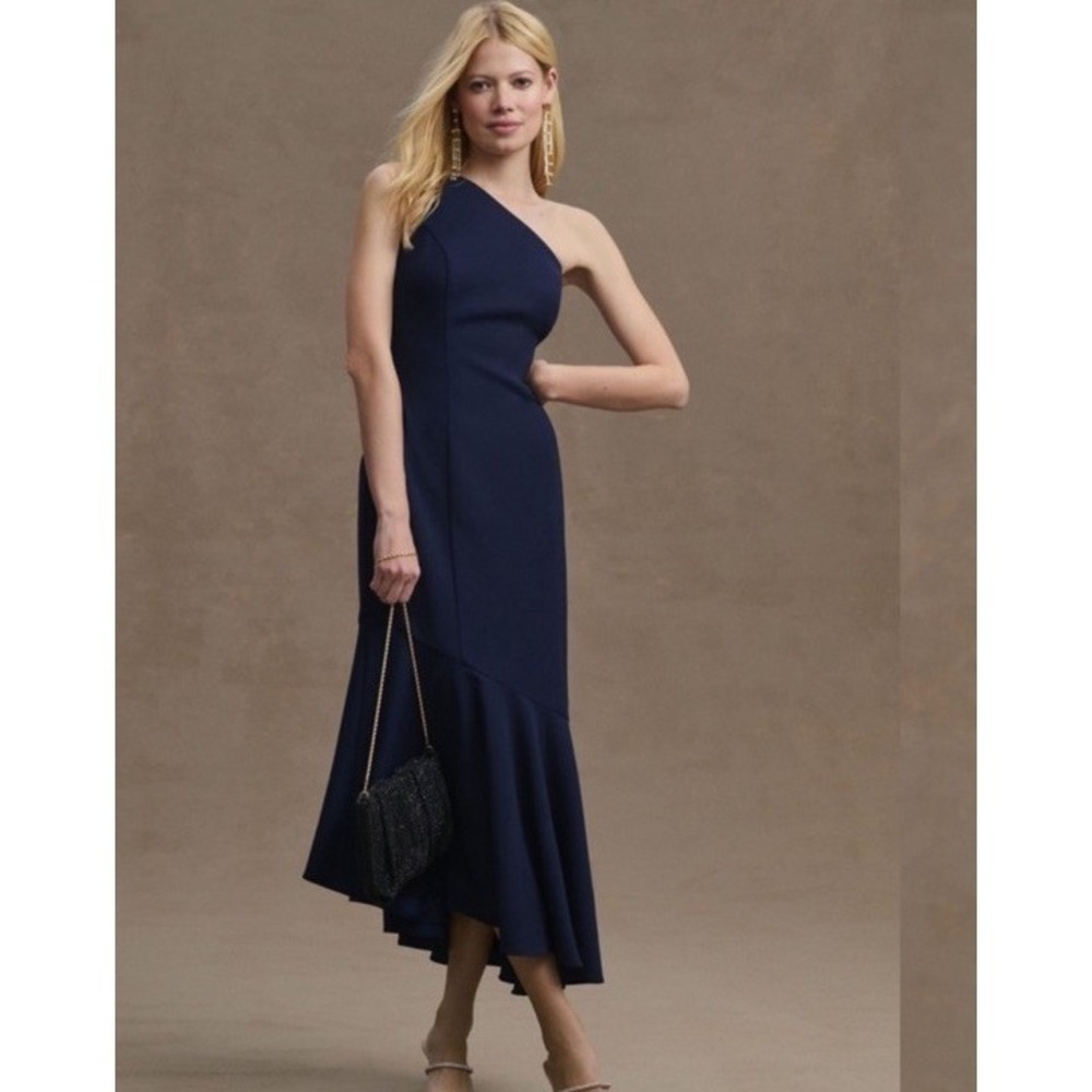bhldn Ainsley One Shoulder Ruffle Crepe Midi Dress Navy 16 Special Occasion flaw